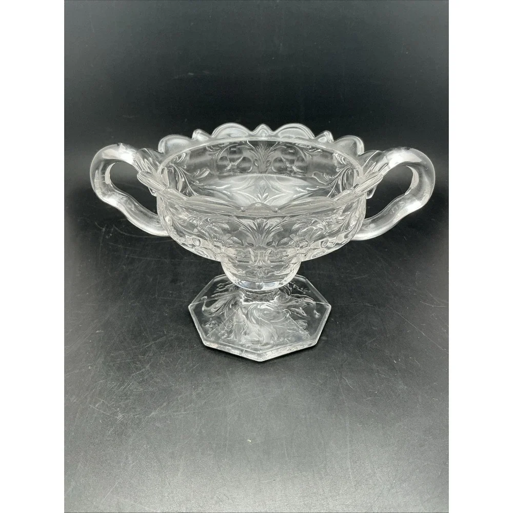 Vintage EAPG Glass Open Sugar Bowl, Scalloped Edge, Etched Flower
